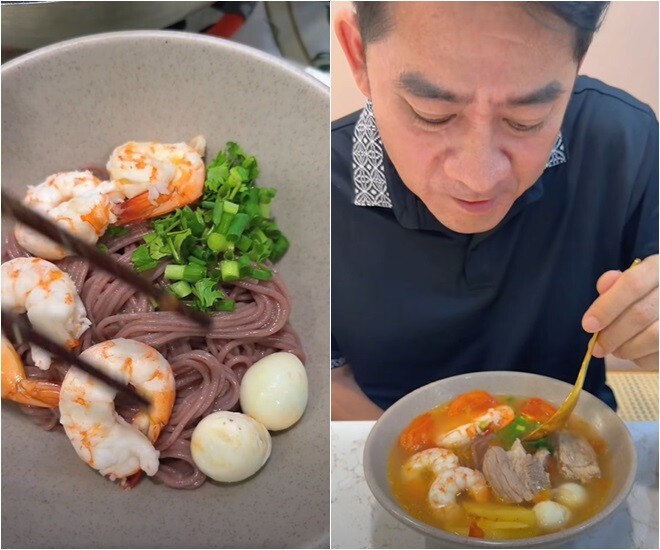 Món bún gạo lứt gồm tôm, trứng cút, cà chua, rau thơm... vừa đẹp mắt vừa bổ dưỡng, đặc biệt tốt cho người cần hồi phục sau đột quỵ.