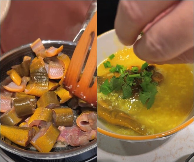 Nam tài tử giờ đây ăn ít hơn và ăn những món mềm nên anh nấu nhiều loại cháo khác nhau, trong đó có cháo lươn bổ dưỡng. Tô cháo vàng sánh, điểm chút tiêu, hành, rau răm và lươn xé nhỏ, hấp dẫn cả về màu sắc lẫn dinh dưỡng.