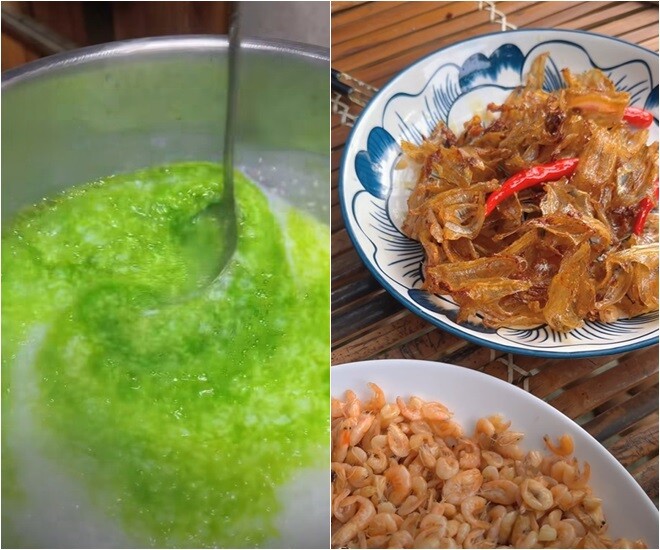 Bên trái là nồi cháo lá dứa có màu xanh đẹp mắt. Bên phải là đĩa cá cơm chiên giòn tỏi ớt và đĩa tép rang.