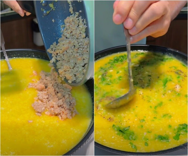 Cháo bí đỏ thịt băm cũng được nam diễn viên ưu tiên chế biến. Món cháo màu cam nhạt, thơm nhẹ vị ngọt tự nhiên, bổ sung vitamin A rất tốt cho thị lực và sức đề kháng.