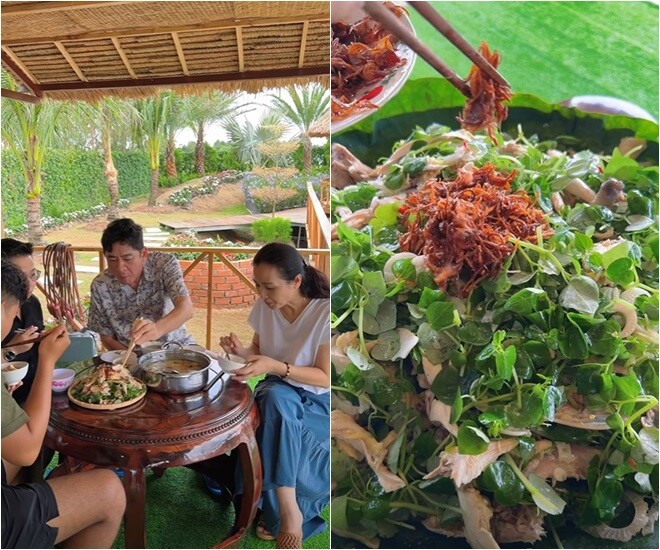 Mọi người quây quần bên nồi cháo nóng và đĩa gỏi gà trộn rau thanh mát. Các món ăn vừa dân dã vừa hấp dẫn làm ai nấy đều khoái chí thưởng thức.