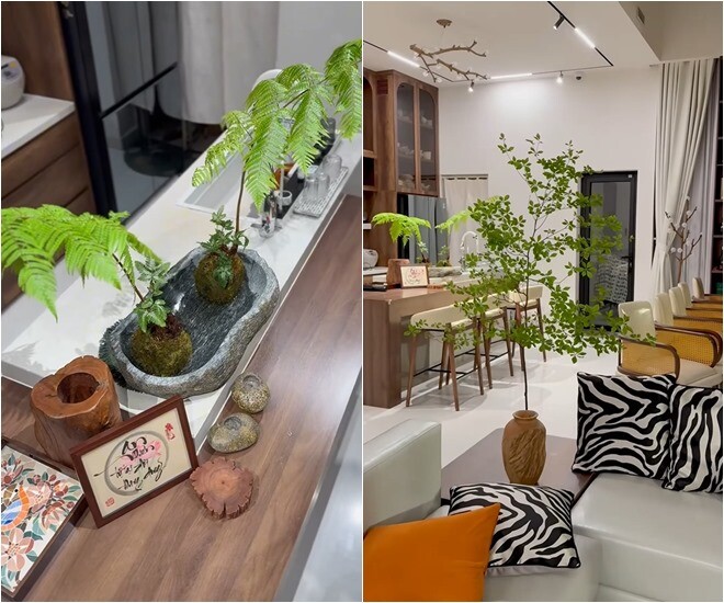 Diễn viên sinh năm 1990 dí dỏm rằng đó giờ vẫn mê cây lá và vẫn sợ sâu. Từ tiểu cảnh rêu đá và dương xỉ mini đến cành thạch nam cho thấy thiên về cảm giác mộc mạc, thư giãn, rất “chơi” mà không phô trương.