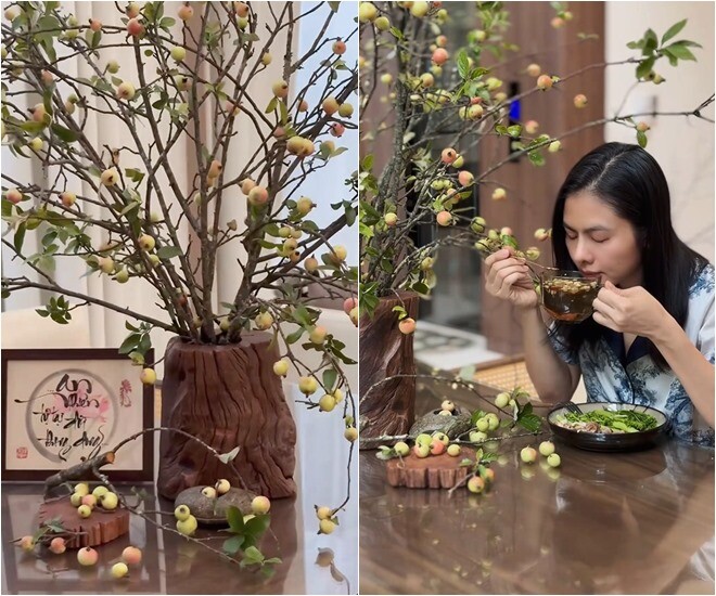 Ngôi sao 9x cắm táo Tây Bắc vào bình mô phỏng gốc cây tạo cảm giác mộc mạc. Quả táo nhỏ li ti mọc dày đặc, được giữ nguyên vẹn trên cành, vươn dài tự nhiên mà không bị tỉa tót cầu kỳ. Nhìn vào là thấy ngay tâm trạng người cắm hoa không vội, đủ tĩnh tại để lắng nghe thiên nhiên.