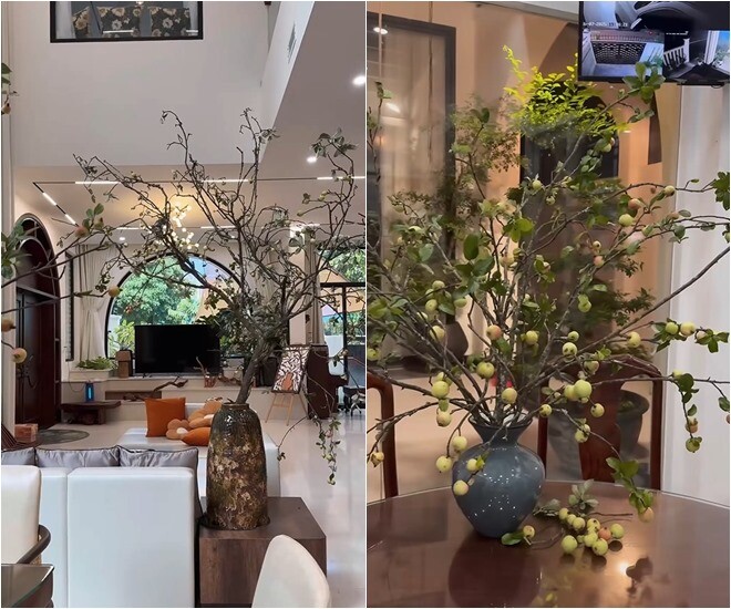 Ở phòng khách, các loại cành được cắm trong những chiếc bình với kiểu dáng khác nhau. Sự tương phản giữa nền hiện đại và chất liệu mộc tạo nên một góc nhìn rất thú vị.