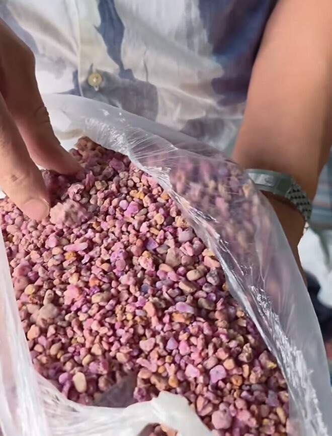 Vật liệu đá thạch anh vụn được cầm trên tay là loại đá nhỏ màu sắc nhạt hồng/ tím, đây là loại thường dùng trong thi công nền phong thủy.