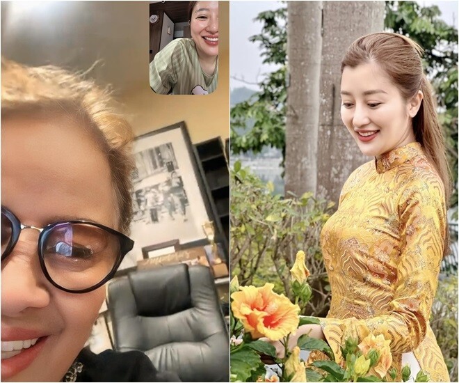 Mai Linh học cắm hoa từ xa với “bà giáo” đặc biệt, chính là mẹ chồng - nghệ sĩ chèo Lưu Nga. Hai mẹ con trông rất vui vẻ khi trao đổi về cách cắm hoa.