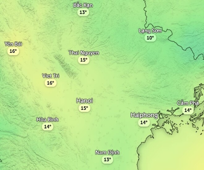 Nhiệt độ cảm nhận ở một số khu vực tại miền Bắc chiều nay, 19/11. Ảnh: Zoom Earth, OpenStreetMap, ICON.