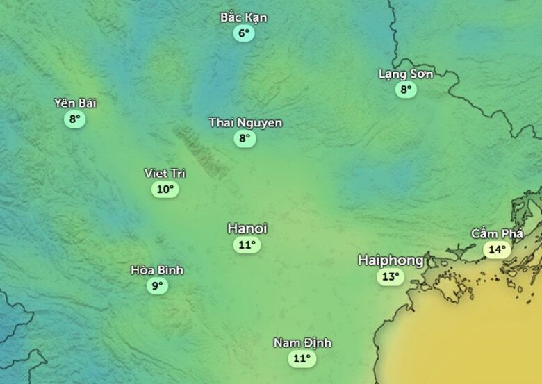 Dự báo nhiệt độ cảm nhận ở một số khu vực tại miền Bắc sáng sớm 28/11. Ảnh: Zoom Earth, OpenStreetMap, ICON.