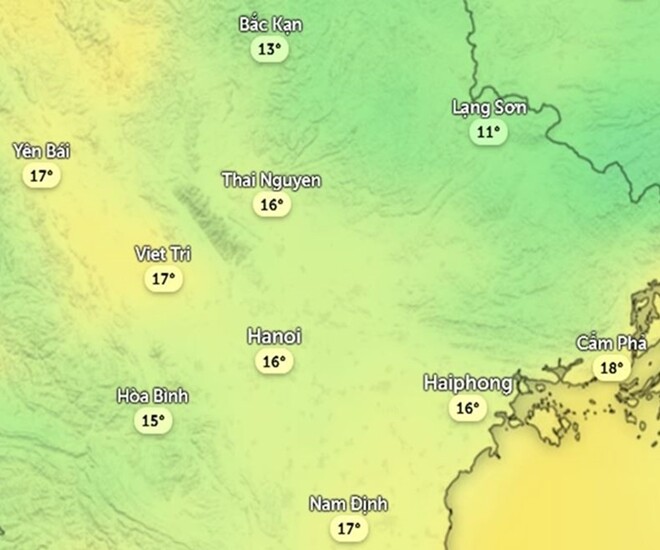 Dự báo nhiệt độ cảm nhận ở một số khu vực tại miền Bắc trưa và chiều mai, 18/11. Ảnh: Zoom Earth, OpenStreetMap, ICON.