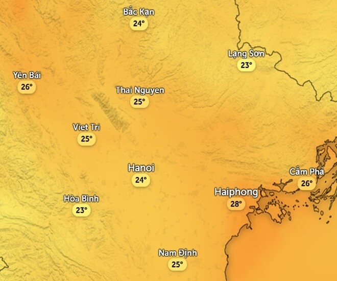Nhiệt độ cảm nhận ở một số khu vực tại miền Bắc trưa và chiều nay, 7/11. Ảnh: Zoom Earth, OpenStreetMap, ICON.