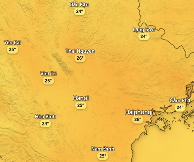 Nhiệt độ cảm nhận ở một số khu vực tại miền Bắc chiều nay, 1/12. Ảnh: Zoom Earth, OpenStreetMap, ICON.