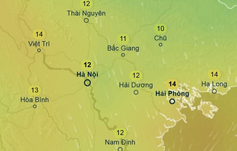 Dự báo nhiệt độ cảm nhận ở một số khu vực tại miền Bắc sáng 15/12 (vì là dự báo trước hơn một tuần nên thời điểm thực tế có thể chênh lệch một chút). Ảnh: Ventusky, GFS.