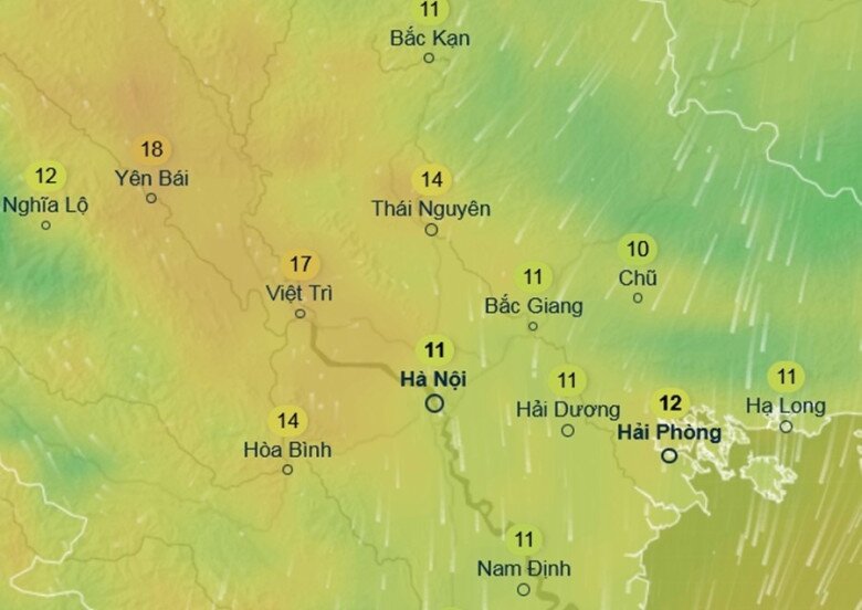 Dự báo nhiệt độ cảm nhận ở một số khu vực tại miền Bắc sáng 14/12 (Chủ Nhật tới). Ảnh: Ventusky, ECMWF.