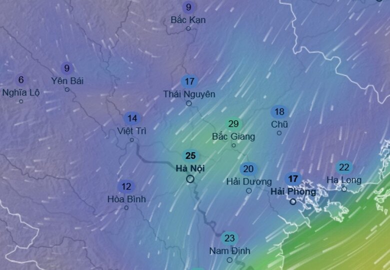 Dự báo của GFS (Hệ thống Dự báo Toàn cầu của Mỹ) về sức gió (km/h) ở một số khu vực tại miền Bắc tối 13/11. Ảnh: Ventusky, GFS.
