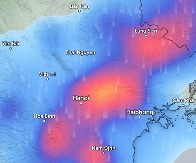 Dự báo mưa ở miền Bắc vào sáng đến trưa ngày 13/11 (những vùng màu xanh da trời là mưa nhỏ đến vừa, màu đỏ là mưa vừa đến mưa to). Ảnh: Zoom Earth, OpenStreetMap, ICON.