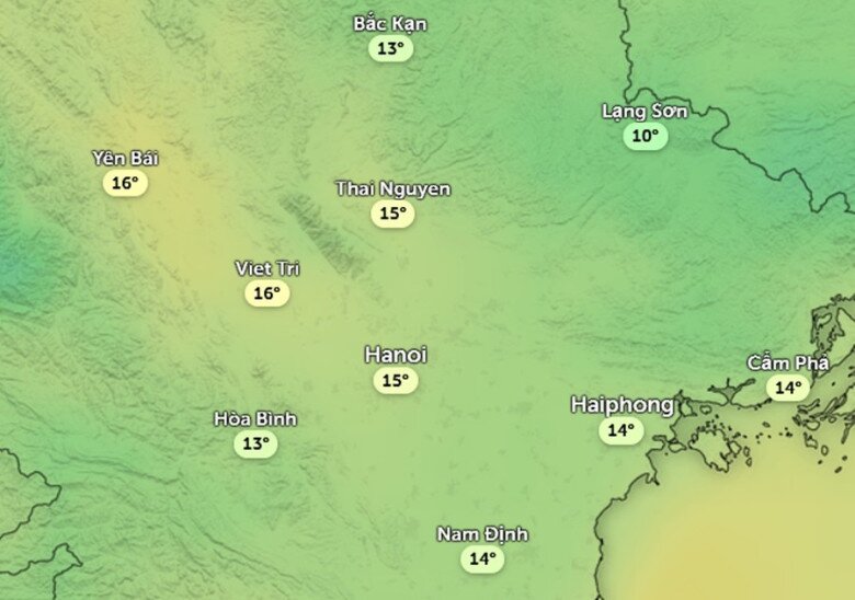Dự báo nhiệt độ cảm nhận ở một số khu vực tại miền Bắc sáng sớm 14/12, ngày rét nhất trong đợt không khí lạnh tới đây. Ảnh: Zoom Earth, OpenStreetMap, ICON.
