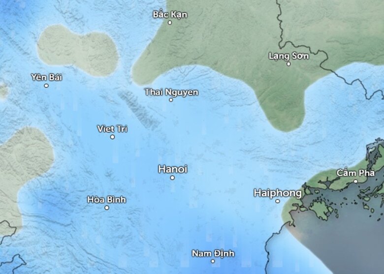 Dự báo mưa (những vùng màu xanh da trời) ở một số khu vực tại miền Bắc sáng đến trưa mai, 8/11. Ảnh: Zoom Earth, OpenStreetMap, ICON.