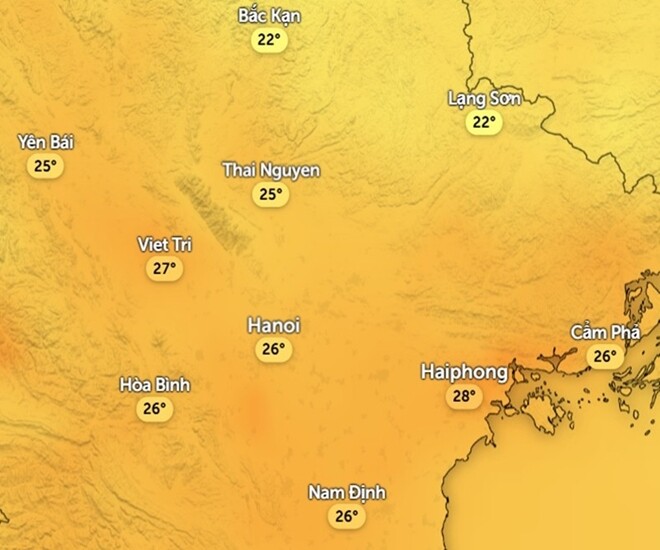 Dự báo nhiệt độ cảm nhận ở một số khu vực tại miền Bắc vào trưa và chiều mai, 10/11. Ảnh: Zoom Earth, OpenStreetMap, ICON.