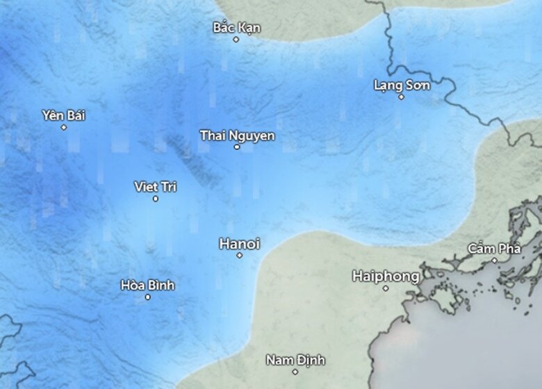 Dự báo mưa (những vùng màu xanh da trời) ở một số khu vực tại miền Bắc sáng mai, 18/11. Ảnh: Zoom Earth, OpenStreetMap, ICON.