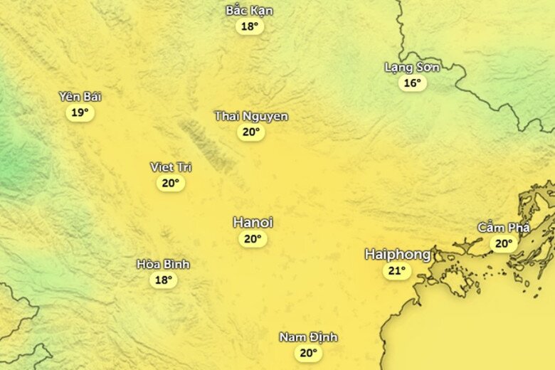 Nhiệt độ cảm nhận ở một số khu vực tại miền Bắc chiều mai, 20/11: Trời ấm hơn rõ rệt. Ảnh: Zoom Earth, OpenStreetMap, ICON.