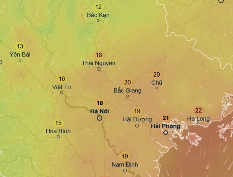 Nhiệt độ cảm nhận ở một số khu vực tại miền Bắc sáng 1/12 (thứ Hai tới): Trời đỡ rét hẳn. Ảnh: Ventusky, ICON.