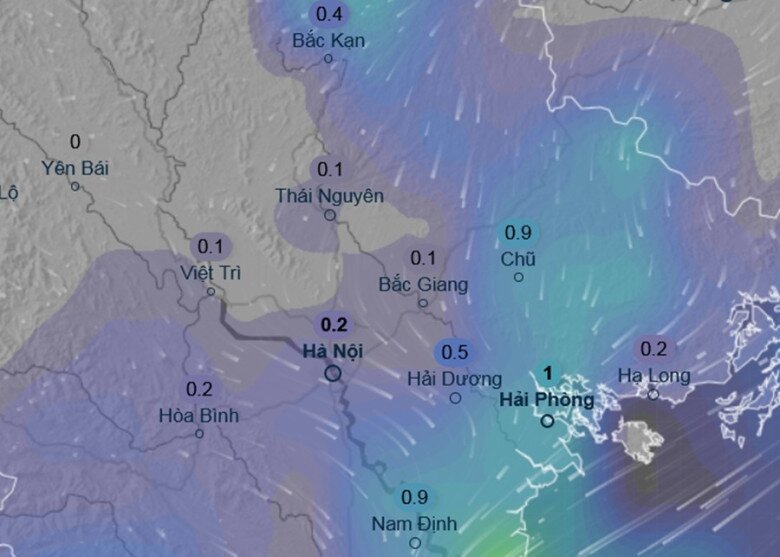 Dự báo mưa ở một số khu vực tại miền Bắc sáng 3/12 (thứ Tư tới) do ảnh hưởng của không khí lạnh: Chủ yếu mưa nhỏ, một số nơi có thể có mưa rào (những con số trong hình là lượng mưa, tính theo mm). Ảnh: Ventusky, GFS.