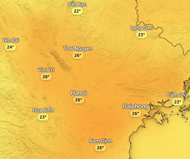 Dự báo nhiệt độ cảm nhận ở một số khu vực tại miền Bắc trưa và chiều mai, 8/12. Ảnh: Zoom Earth, OpenStreetMap, GFS.