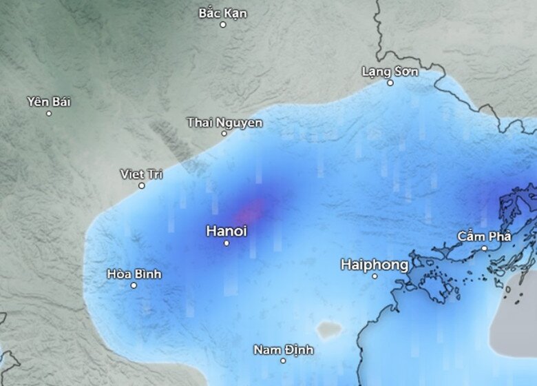 Dự báo mưa (những vùng màu xanh da trời) ở một số khu vực tại miền Bắc trong khoảng tối muộn đến đêm mai, 11/12. Ảnh: Zoom Earth, OpenStreetMap, ICON.