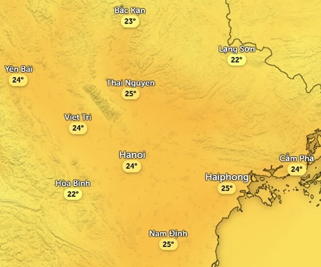 Nhiệt độ cảm nhận ở một số khu vực tại miền Bắc ngày 17/12. Ảnh: Zoom Earth, OpenStreetMap, ICON.