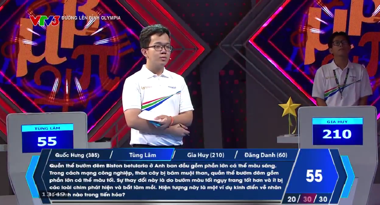 Tùng Lâm là người Về đích cuối cùng, rất tiếc không có câu trả lời nào đúng. Gia Huy đưa ra 1 đáp án sai và bị trừ điểm. Quốc Hưng 1 lần trả lời đúng, 1 lần trả lời sai trong lượt thi của Tùng Lâm.