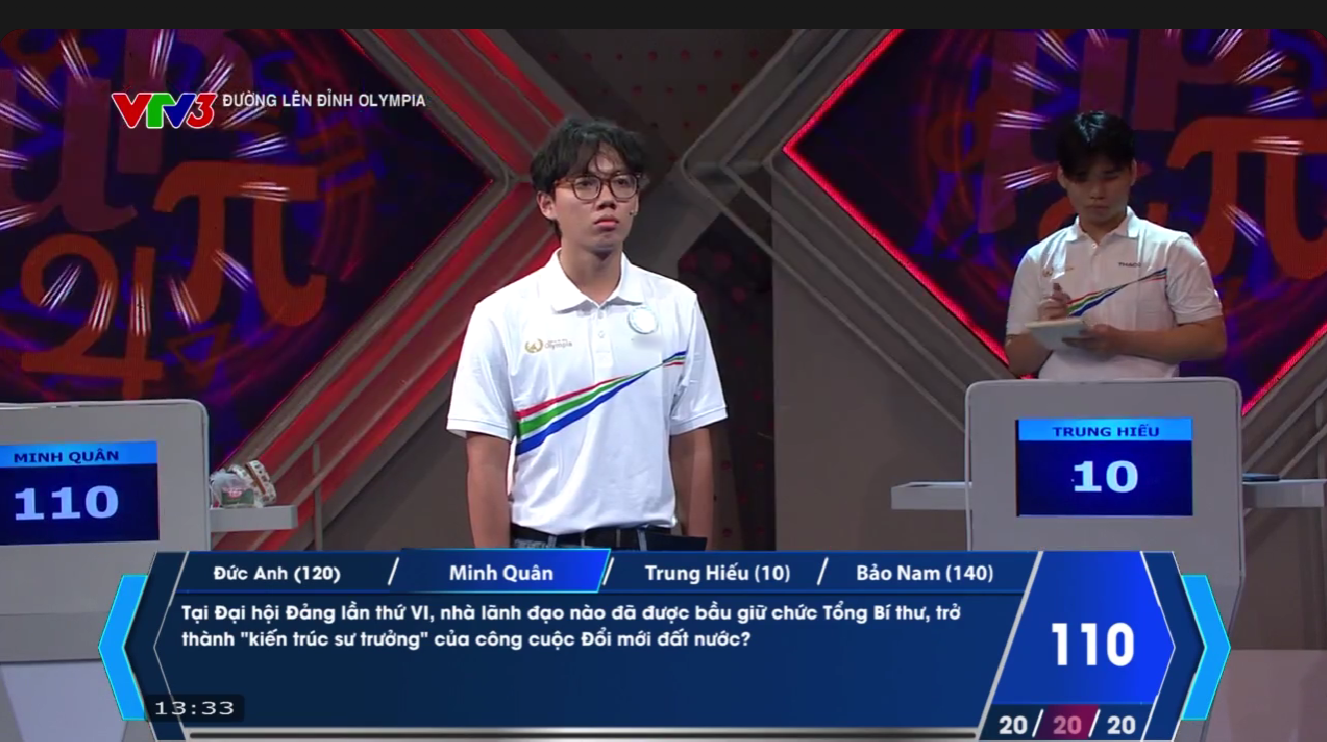 Minh Quân là người Về đích đầu tiên với 1 ngôi sao hi vọng, rất tiếc không có câu trả lời nào đúng. Bảo Nam có 1 đáp đúng, lấy đi 20 điểm của Minh Quân. Kết thúc lượt thi, Minh Quân còn 90 điểm. 