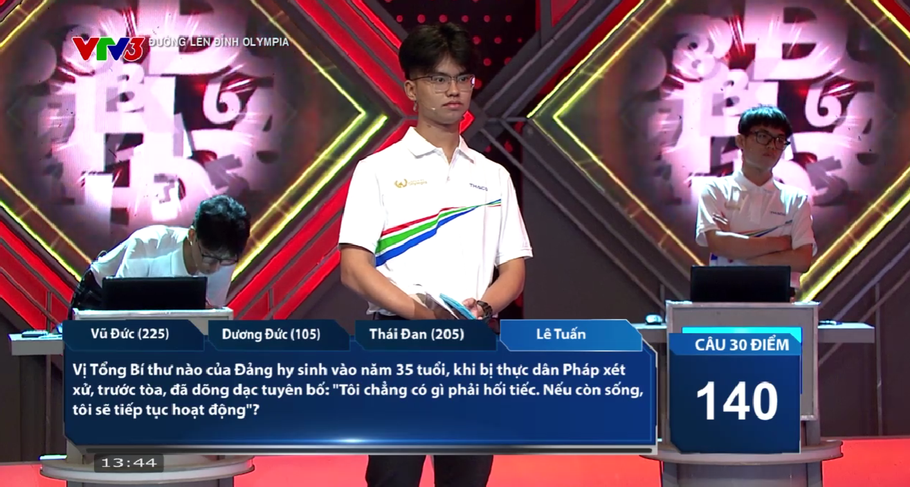 Lê Tuấn là người Về đích cuối cùng, rất tiếc không có câu trả lời nào đúng. Dương Đức 1 lần đưa ra đáp án chính xác, Thái Đan 1 lần trả lời đúng và 1 lần trả lời sai trong lượt thi của Lê Tuấn. 