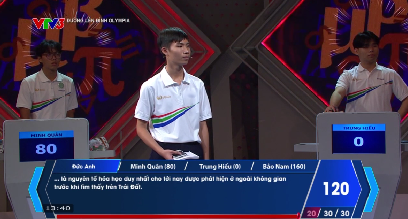 Người Về đích thứ 3 là Đức Anh, rất tiếc cũng không có câu trả lời nào đúng, điểm số của Đức Anh được giữ nguyên là 120. Bảo Nam đưa ra 1 đáp án không chính xác và bị trừ điểm. 