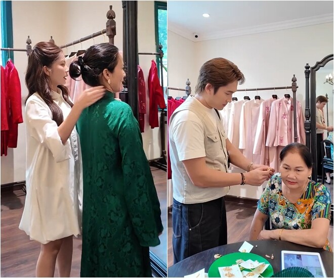 Vợ chồng Đình Tú đưa 2 mẹ đi thử áo dài và phụ kiện trước thềm đám cưới vào đầu tháng 11 tới.