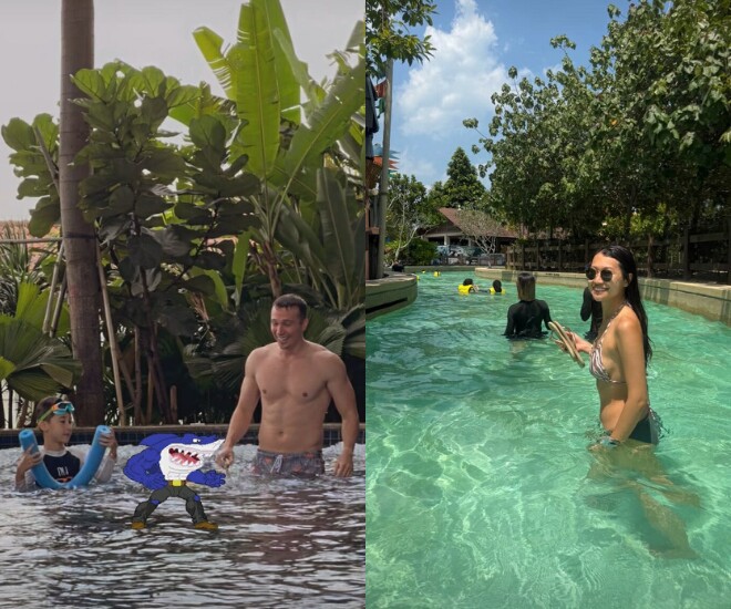 Chồng cũ Hoàng Oanh đưa con trai đi chơi công viên nước, đưa theo bạn gái mới.