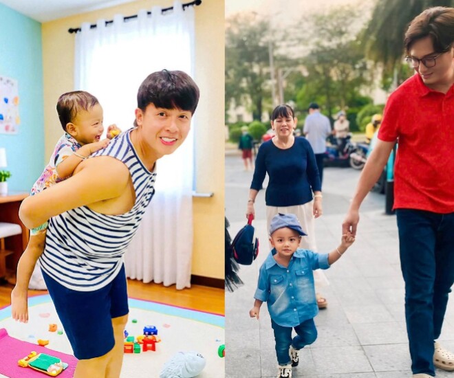 Con trai Hòa Hiệp đi học mẫu giáo, được Bá Thắng dắt tay đưa đến trường.