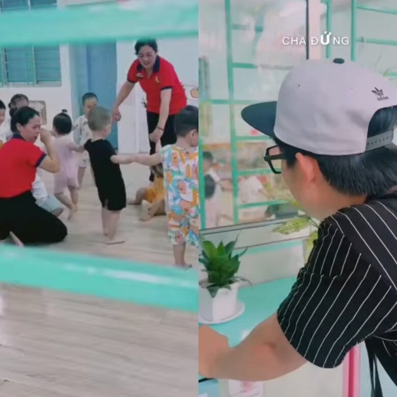 Nghệ sĩ Hòa Hiệp đứng ở ngoài cửa lớp để ngắm nhìn quý tử học tập.