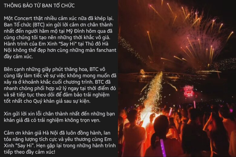 Ban tổ chức lên tiếng xin lỗi khán giả sau sự cố đáng tiếc, cho biết đã phối hợp xử lý ngay tại thời điểm vụ việc xảy ra.