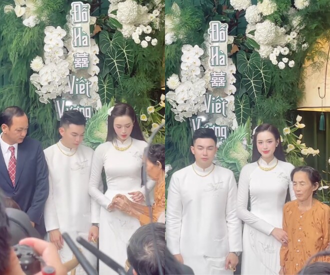 Bà ngoại Hoa hậu Đỗ Thị Hà trao vàng mừng cưới cho cháu.