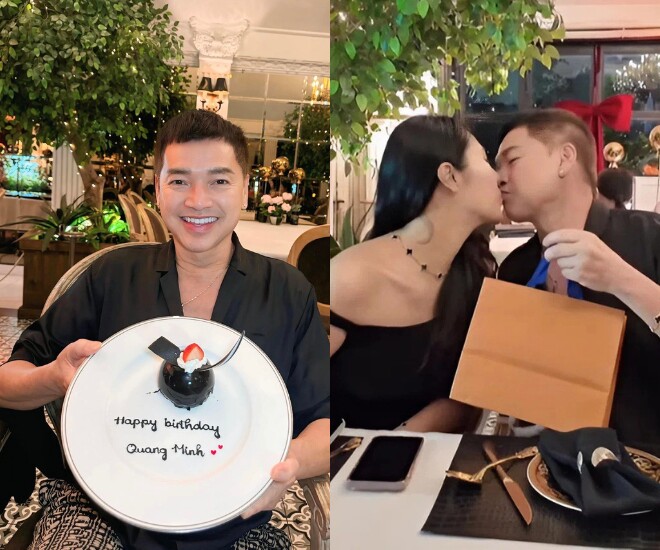 Nghệ sĩ Quang Minh được vợ kém 37 tuổi tổ chức sinh nhật, hôn nhau say đắm giữa tiệc.