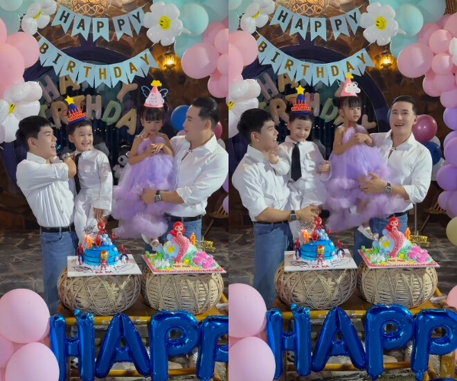 Thanh Đoàn và Hà Trí Quang tổ chức sinh nhật hoành tráng cho 2 con.