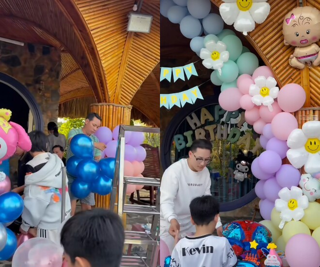 Hà Trí Quang cùng các thành viên trong gia đình trang trí buổi tiệc.