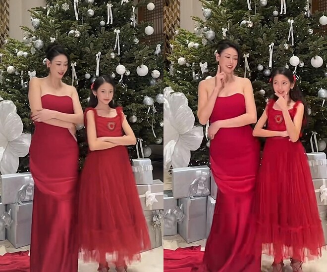 2 mẹ con Hoa hậu Hà Kiều Anh diện trang phục đỏ rực, đậm không khí Giáng sinh.