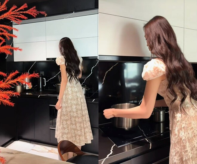 Đỗ Thị Hà chia sẻ khoảnh khắc vào bếp nhưng chiều cao trên 1m7 quá nổi bật.