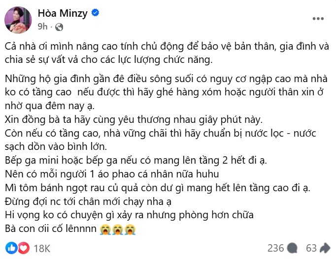 Hòa Minzy liên tục nhắc nhở mọi người chuẩn bị vật dụng đầy đủ để đối phó với ngập lụt.
