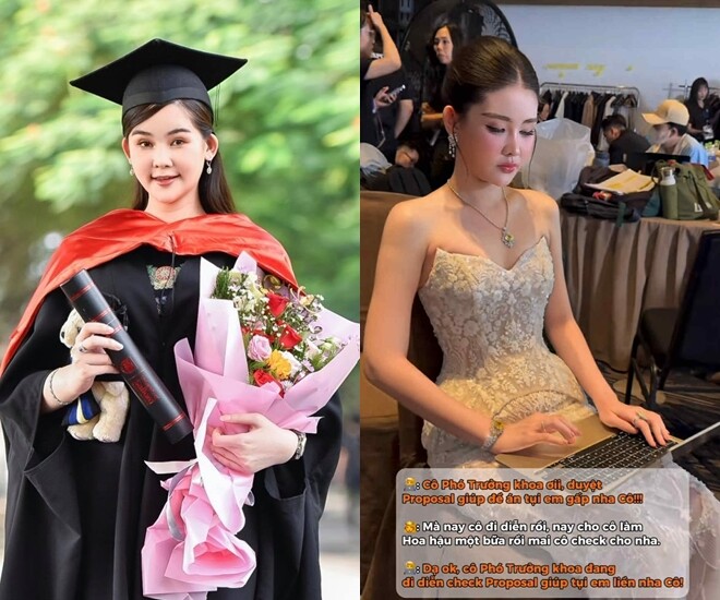 Lê Âu Ngân Anh dù bận rộn đi sự kiện vẫn mở máy để duyệt bài cho sinh viên.