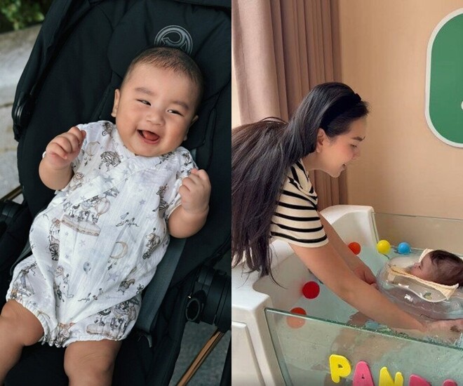 Mai Ngọc chăm cho quý tử vận động, đi tập gym.