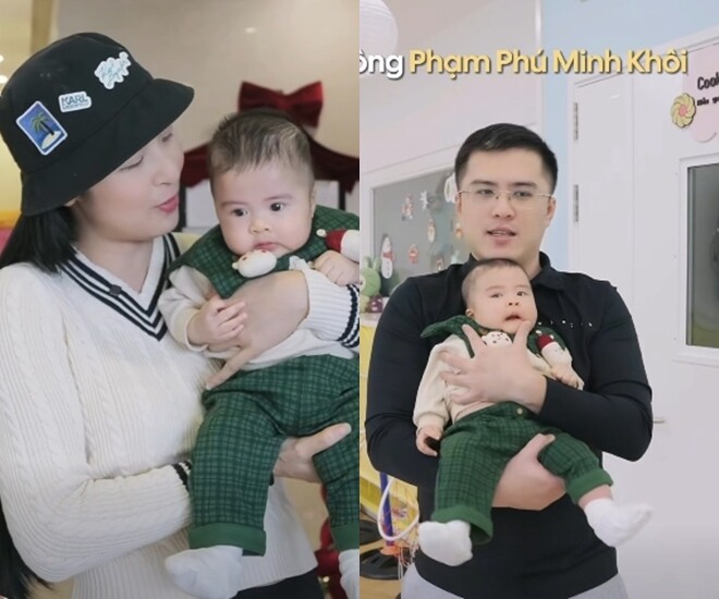 Vợ chồng Ngọc Hân đưa con trai 4 tháng tuổi đi học ở trường mẫu giáo.