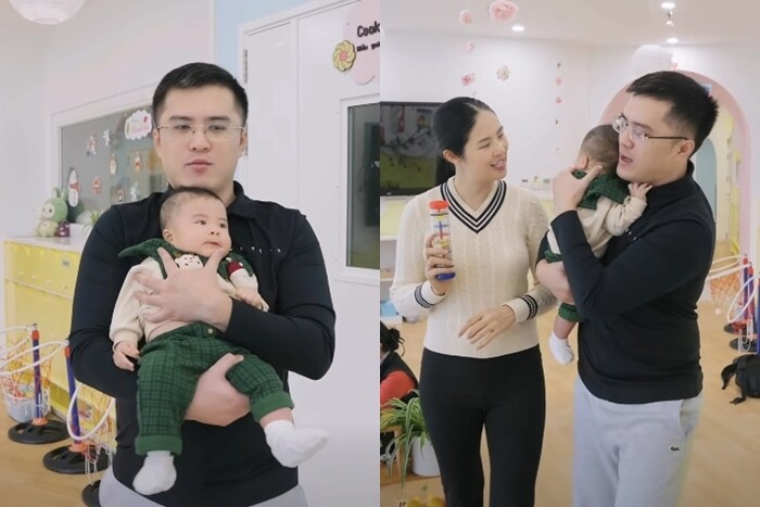 Ông xã làm việc trong ngành ngoại giao của Ngọc Hân hào hứng trong buổi đầu đến lớp cùng con trai.