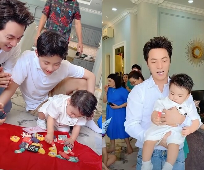 Quý tử nhà Đăng Khôi cầm chặt cây bút trong phần bốc đồ vật, đoán tương lai.